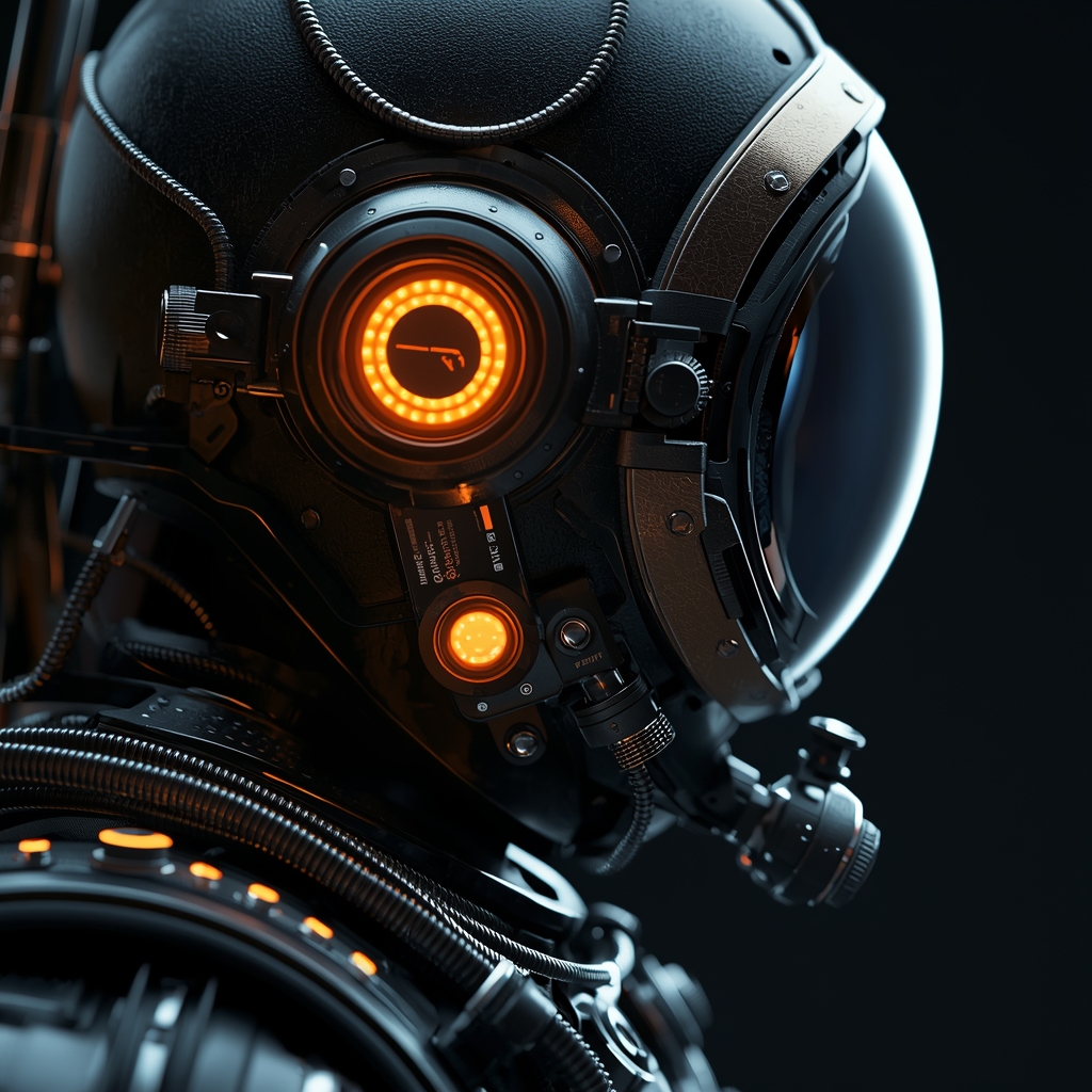 A close-up of a high-pressure experimental deep-sea diving suit from the side, glowing LED sensors, mechanical textures, industrial design, no humans, no women.